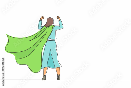 Continuous one line drawing back view super businesswoman. Cute female in strong base and suit. Success and victory in business. Superhero in cloak. Single line draw design vector graphic illustration