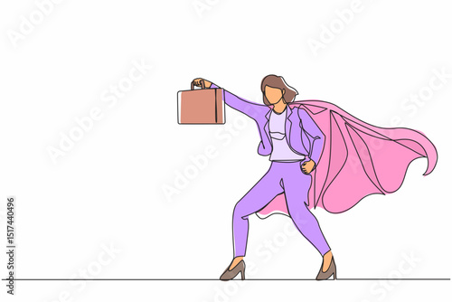 Single continuous line drawing female businesswoman superhero standing with suitcase. Portrait of young office worker. Office, business, employee concept. One line graphic design vector illustration