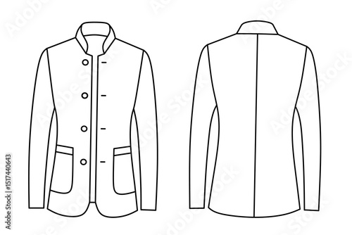 Flat technical drawing of a male jacket, front and back views. Clean outline style for fashion design, garment production, and apparel templates. Nehru blazer jacket vector isolated white background