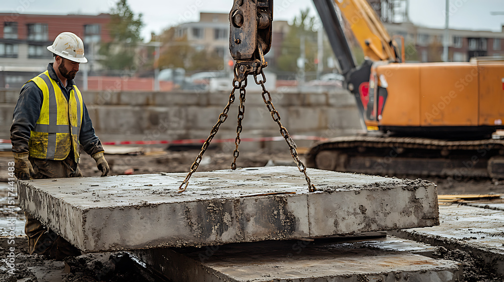 Fototapeta premium Construction Worker Supervising Crane-Lifted Concrete Slab
