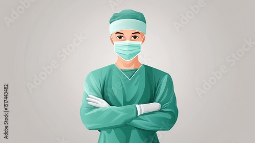 A doctor in teal scrubs, arms crossed, wearing a mask and cap