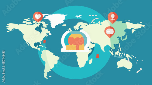 Global Health Awareness A world map with symbols representing MRI facilities across different regions emphasizing the importance of preventative scans in global healthcare.