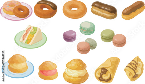 Watercolor Assorted Sweets and Pastries – Donuts, Macarons, Éclairs, Cream Puffs, Crepes and More