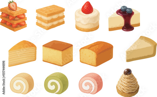 Watercolor Classic Cakes and Sweets Collection – Mille-Feuille, Cheesecake, Castella, Roll Cakes, Mont Blanc and More