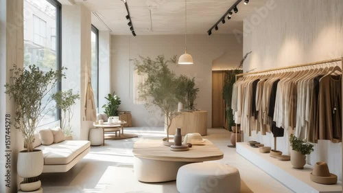 Modern boutique showcasing minimalist clothing and elegant interior design in a city setting