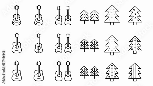 Celebrating Christmas with Music Guitars and Trees harmonize in a festive outline sketch in
