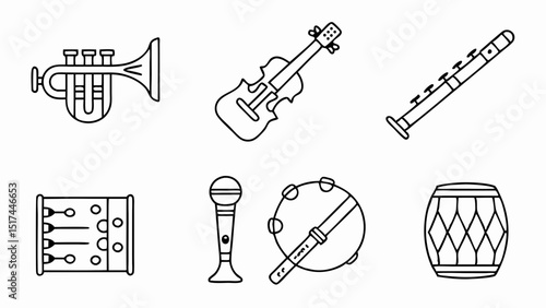 Musical instruments create a symphony of joy and cultural celebration outlined icons on a clean