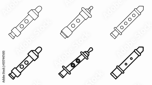 A whimsical collection of recorder icons each uniquely designed for music education in black outline