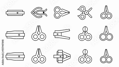 A collection of illustrated simple shear tools including snips scissors and cutters in a line art