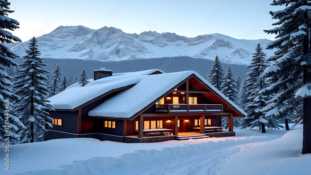 Fototapeta premium Charming ski cabin with mountain backdrop