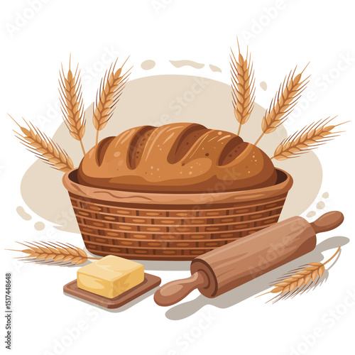 Freshly baked brown bread and golden wheat ears symbolize healthy breakfast and organic grain