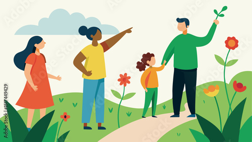 Connecting with Nature Parents pointing out different plants or flowers along the trail educating their children about nature exemplifying quality time together outdoors.