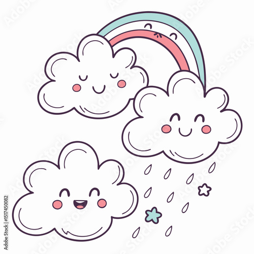 Sweet Kawaii Clouds with Rainbow and Gentle Showers, Pastel Colored Illustrations for Children's Rooms and Party Invitations