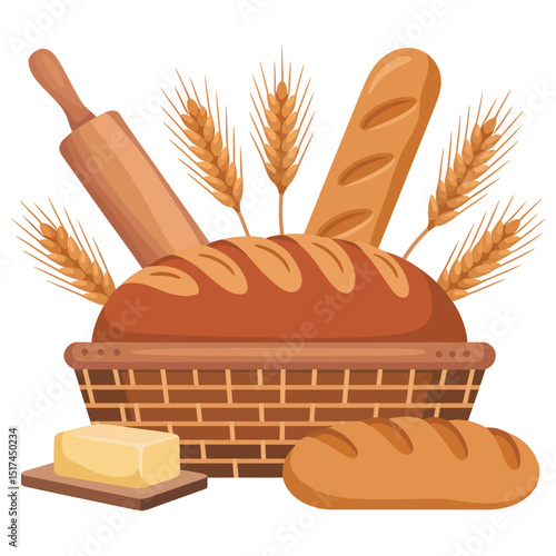 Freshly baked brown wheat bread loaf illustration for breakfast