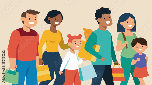 A group of diverse shoppers including families and friends joyfully navigating a crowded aisle arms loaded with shopping bags.