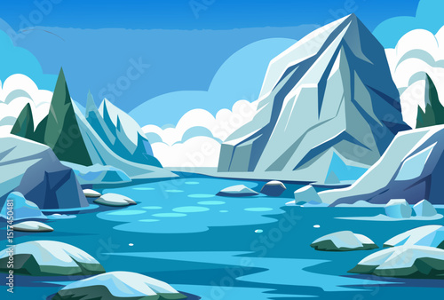 Majestic Glacial Lake nestled in Snowy Mountains. A serene winter landscape