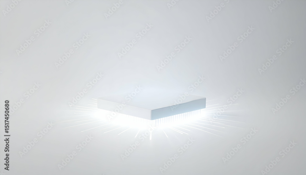 White Square Microchip with Glowing Connections on a Bright Background White Square Microchip with Glowing Connections on a Bright Background