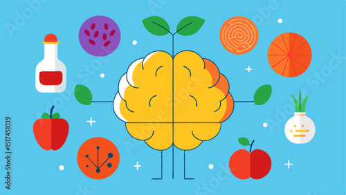 AI Brain with Food Icons An illustration of a stylized AI brain surrounded by various food items fruits vegetables grains to represent how AI processes nutritional information.
