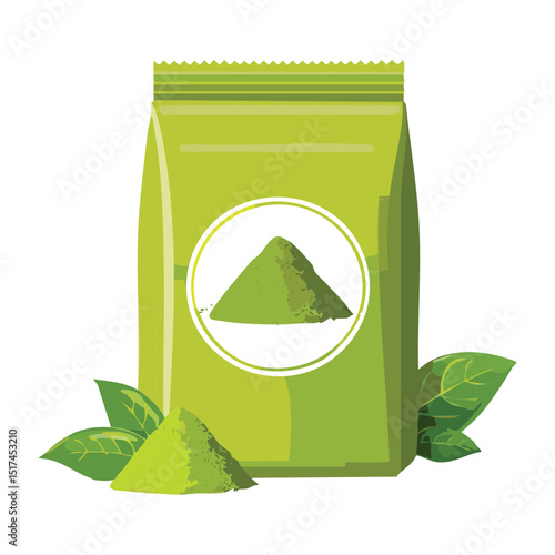 Matcha Powder Pouch with Herbal Accent - Vector Illustration