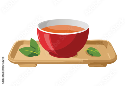 Red Tea Bowl with Green Leaves on Tray - Vector Illustration