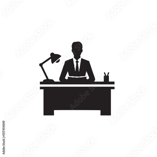 "Focused Office Worker at Desk Silhouette – Productivity, Business & Workplace Efficiency"