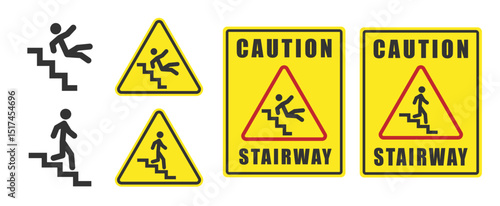 Stairway warning sign. Watch Step Down caution icon symbol. Yellow sign warning of danger. Vector illustration image. Isolated on background.
