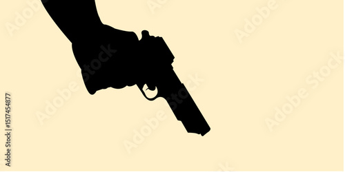 Silhouette of hand holding gun on black concept. Icon arm with weapons. Vector illustrationa.	