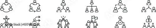 Line Icons of Organizational Structure, Leadership, Motivation, Group Success and Corporate Hierarchy