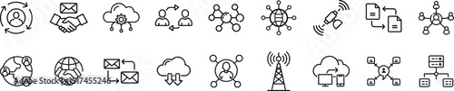 Line Icons for Digital Communication, Cloud Network, Global Connection and Data Transfer, Communication, Cloud Network and Connectivity Icons