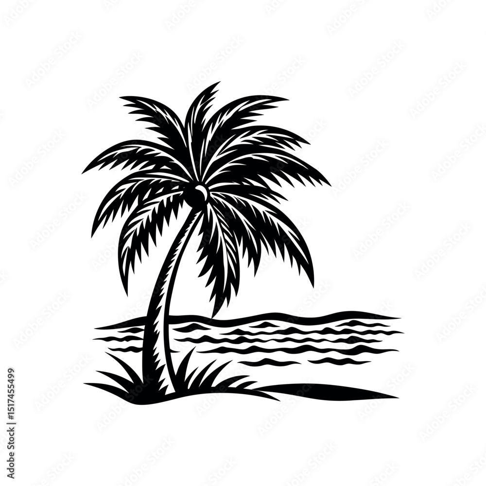 Fototapeta premium Tropical beach with palm tree silhouettes, a perfect summer vacation nature illustration