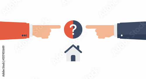 Equal rights movement real estate dispute concept with question mark between hands pointing at house property ownership issue 100char