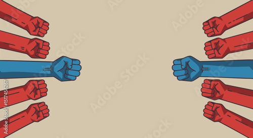 Equal rights movement conflict resolution illustration: blue fist versus red fists in a political battle concept art