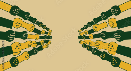 Equal rights movement vector illustration of opposing fists in green and gold for protest or resistance concept design 100