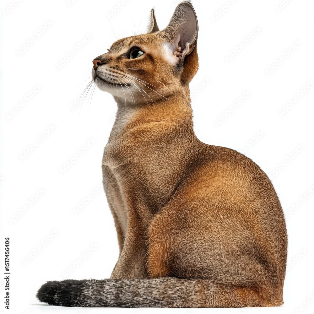 Obraz premium Elegant domestic Abyssinian cat sitting with poised posture and alert expression, showcasing sleek short coat and striking almond eyes against a plain white background