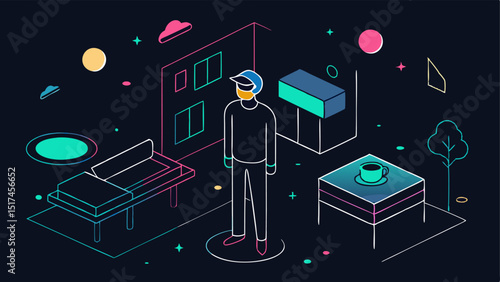 Attribute Highlighting A user in a VR environment with various property features highlighted in neon text around them like spacious backyard and modern kitchen.