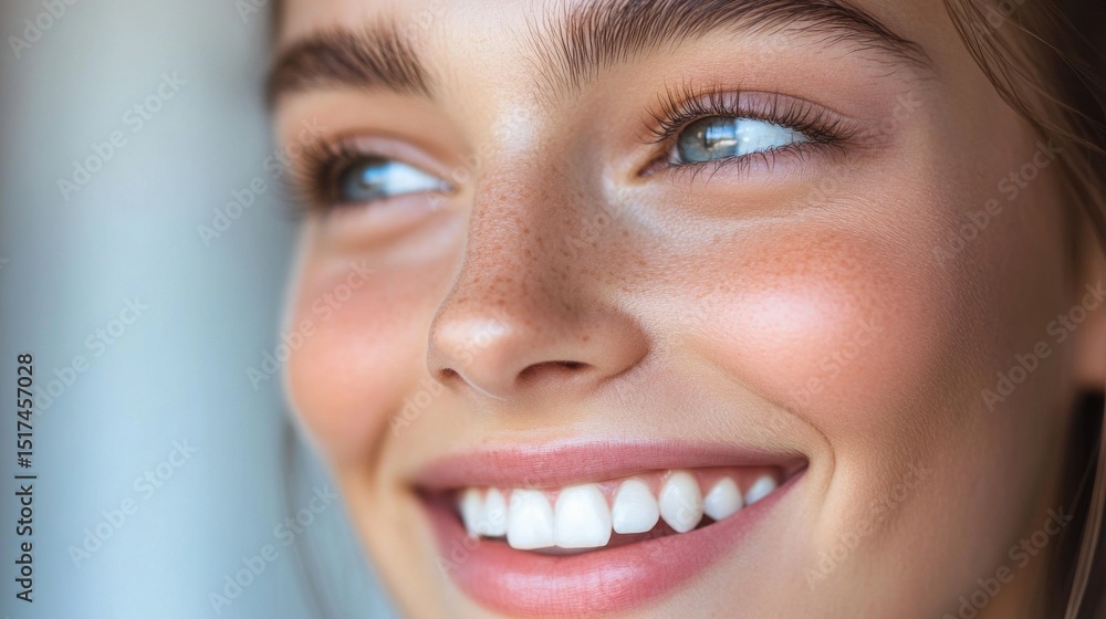 Young light-skinned woman smiling indoors by window in daylight Young light-skinned woman smiling indoors by window in daylight