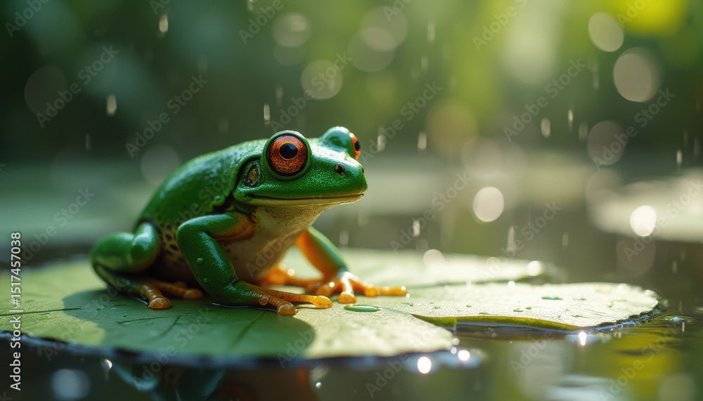 Naklejka premium Frog sitting on lily pad with raindrops in serene pond