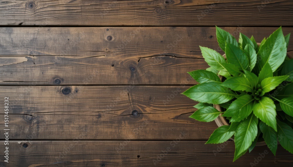 Top view rustic wooden table with green plant Top view rustic wooden table with green plant