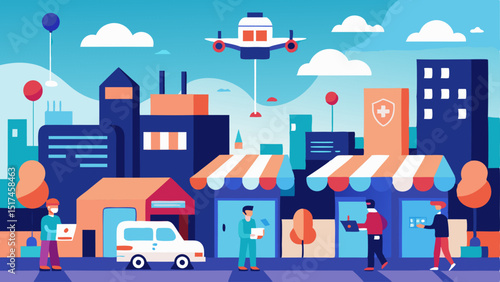 Commercial Hub A bustling marketplace in the heart of a futuristic city where drones deliver goods directly to storefronts with enthusiastic shopkeepers awaiting their packages.