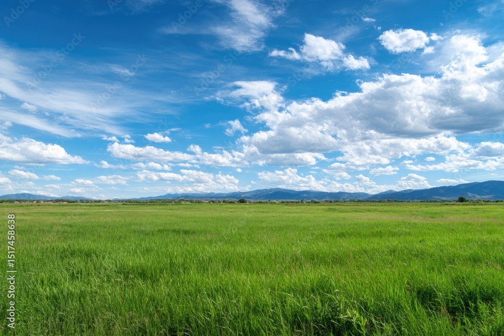 Expansive grassland under a vibrant blue sky dotted with fluffy white cumulus clouds. Distant, low-lying mountains form a hazy backdrop Expansive grassland under a vibrant blue sky dotted with fluffy white cumulus clouds. Distant, low-lying mountains form a hazy backdrop
