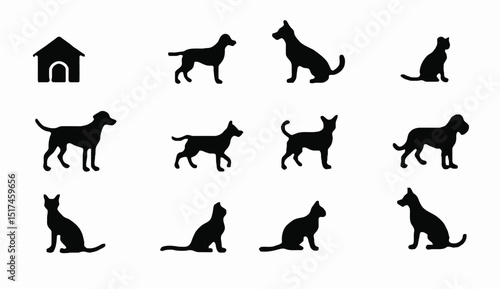 Silhouette Collection of Dogs, Cats, and a Dog House Isolated on White Background.