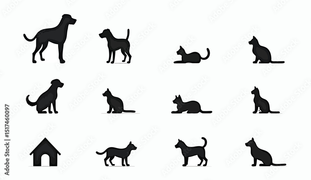 Obraz premium Black Cat and Dog Silhouettes with Dog House Isolated on a White Background.