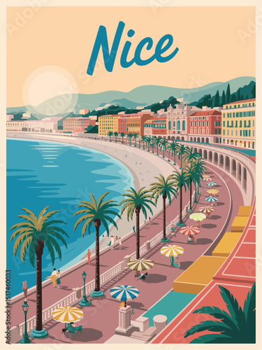 Retro travel poster of Nice, France with palm-lined promenades, Mediterranean Sea, parasols, and elegant Art Deco architecture. Vintage vector perfect for coastal and travel themes