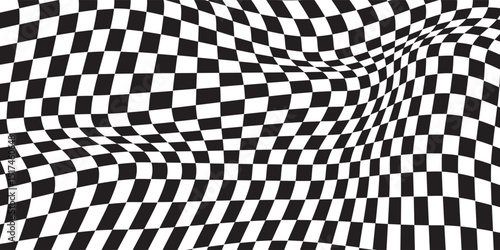 Abstract checkered background with distortion effect. Checkered pattern. surface. Black and white background, distorted chessboard. Abstract banner with distortion. Vector illustration.