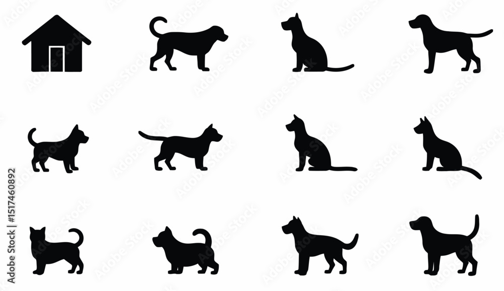Collection of dog silhouettes in various poses with a kennel icon on white. Collection of dog silhouettes in various poses with a kennel icon on white.