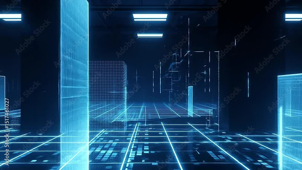 Underground tech scene with digital grid floor and glitching frames