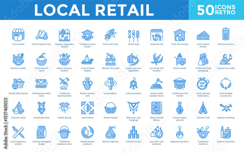 Local Retail icons set with fruit market, fresh tropical fruits, organic vegetables display, traditional spice bazaar, herbs and roots, street food, seafood stall icon. Simple retro vector 
