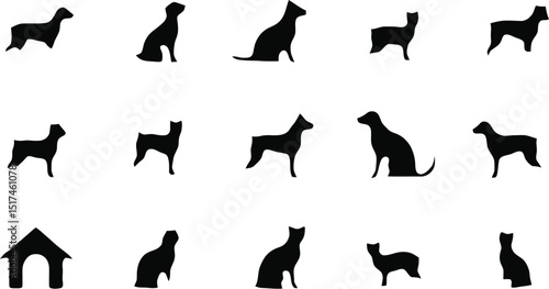 Black silhouettes of various dog breeds and a dog house on a white background.