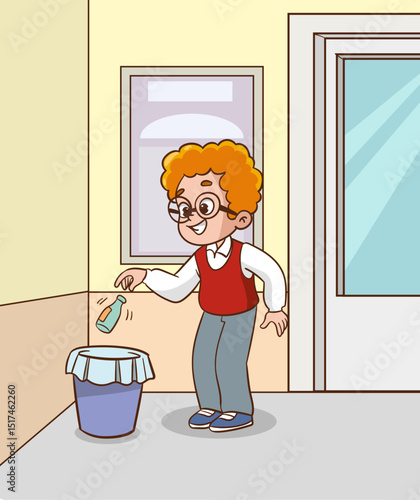 Vector illustration of student throwing garbage into trash can