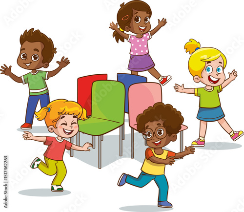 Cartoon happy children playing musical chairs vector illustration. Kids excitedly walking around the chairs vector illustration. Fun and childhood concept. Isolated on white background